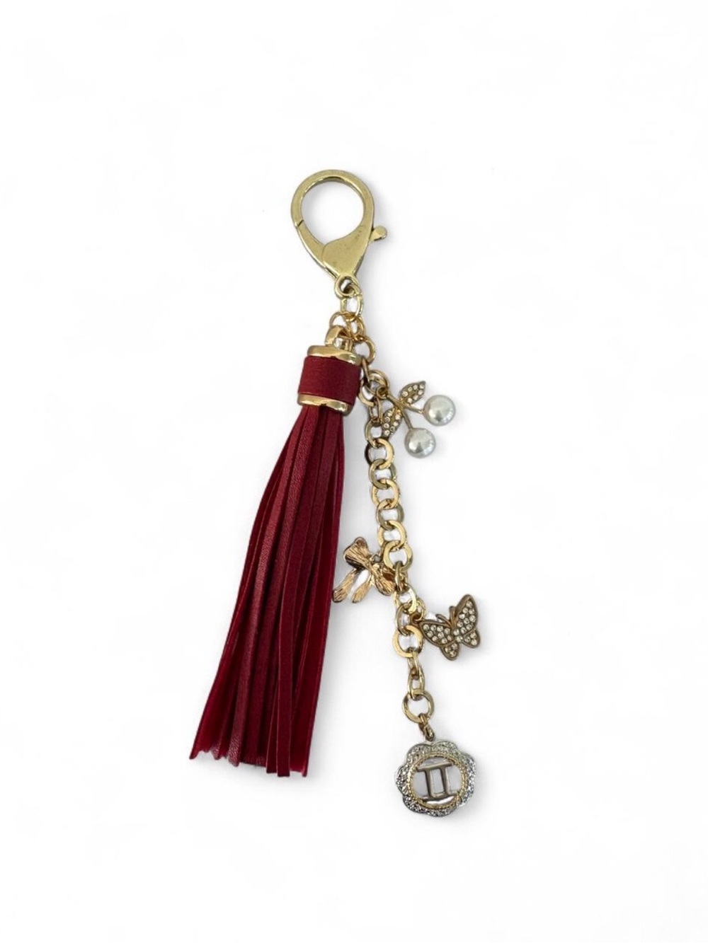Gemini Butterfly Bow Mixed Metal Bag Charm with Red Tassel